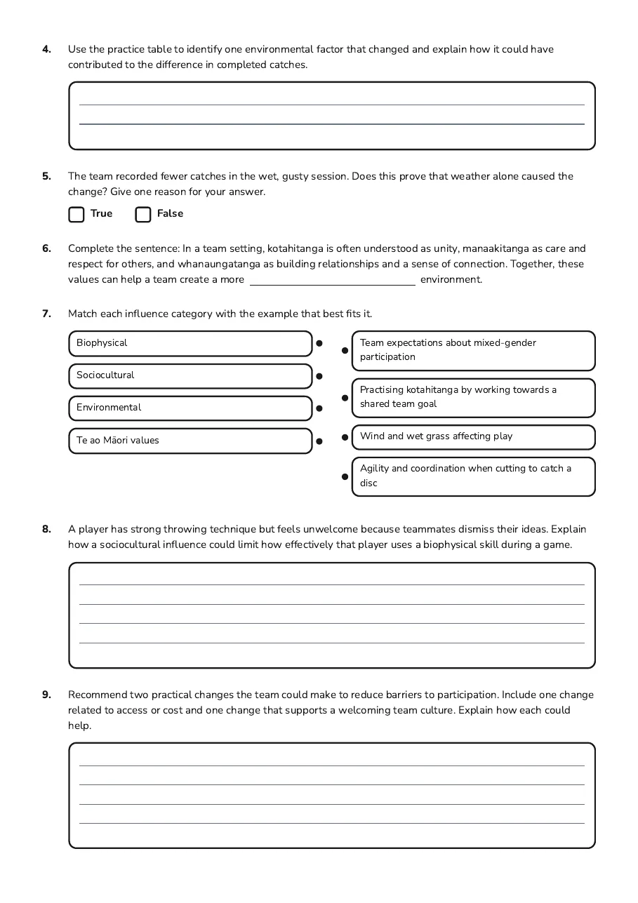 Ultimate Frisbee Influences Workbook, page 2 of 3: 4. Use the practice table to identify one environmental factor that changed and explain…