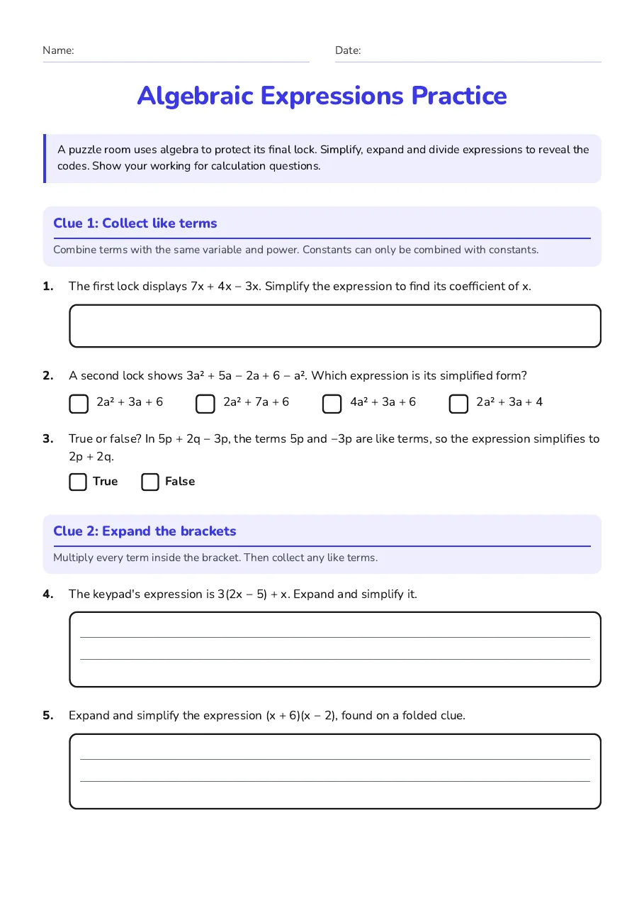 Algebraic Expressions Practice, page 1 of 2: Clue 1: Collect like terms, Clue 2: Expand the brackets