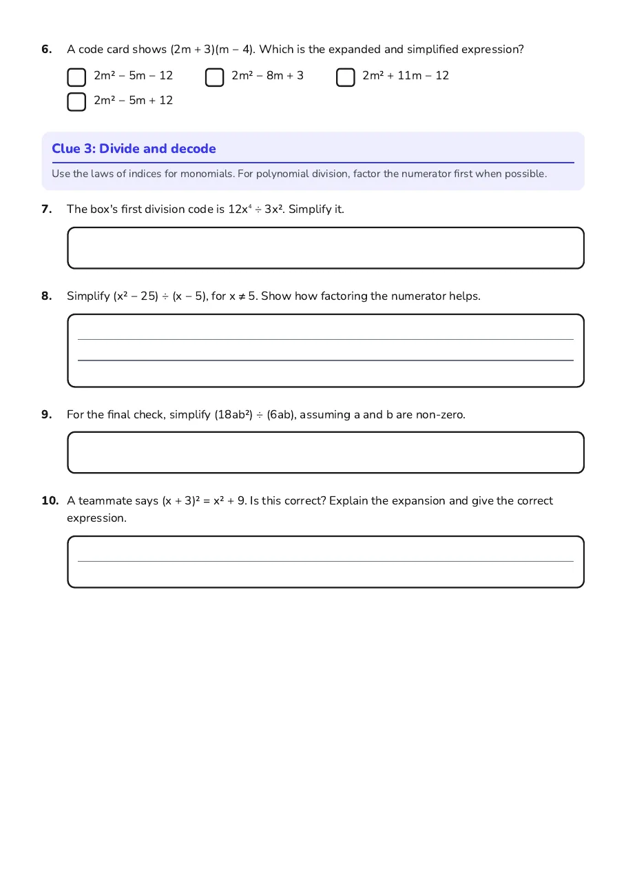 Algebraic Expressions Practice, page 2 of 2: Clue 3: Divide and decode