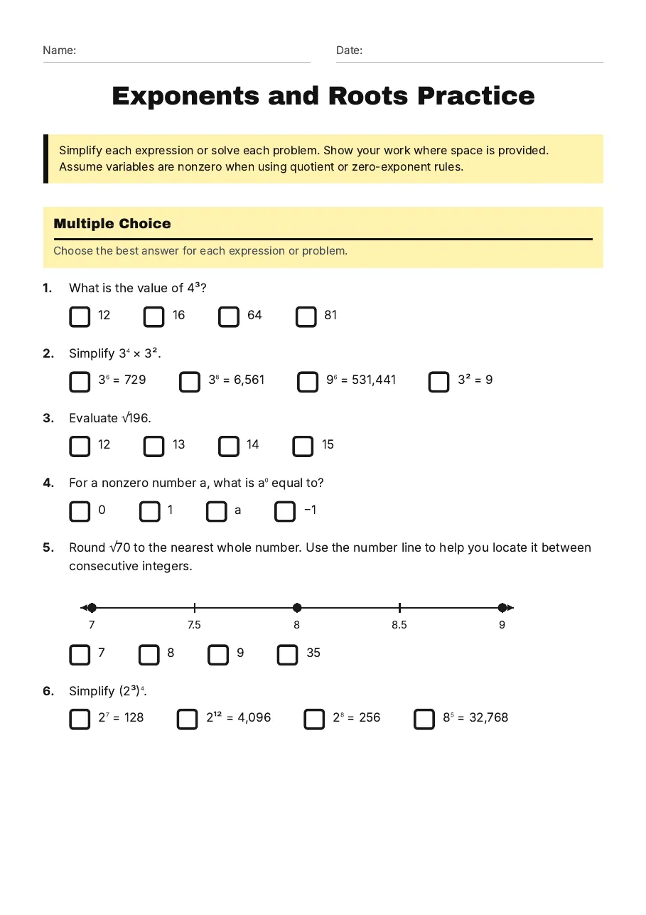 Exponents and Roots Practice, page 1 of 3: Multiple Choice