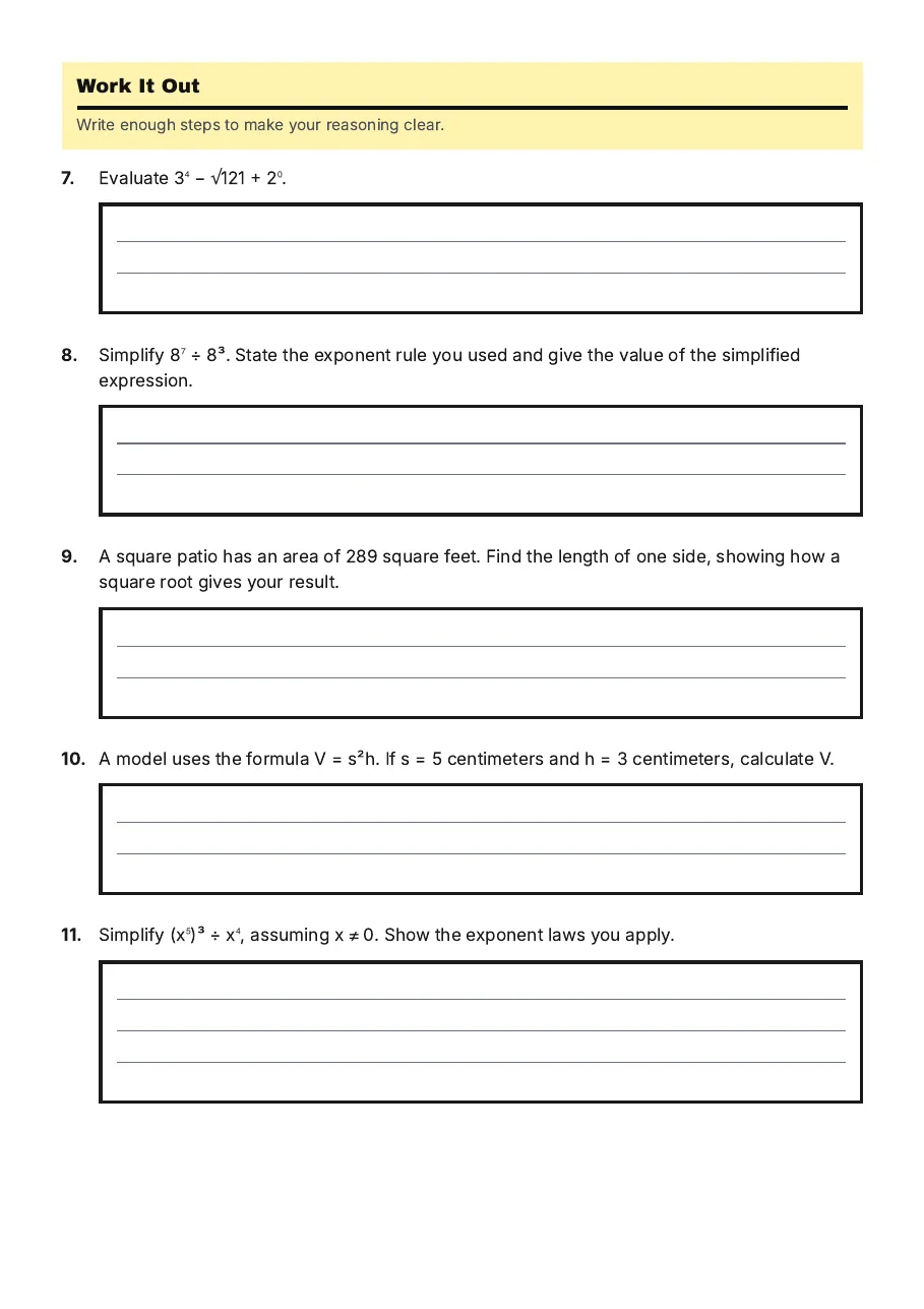Exponents and Roots Practice, page 2 of 3: Work It Out