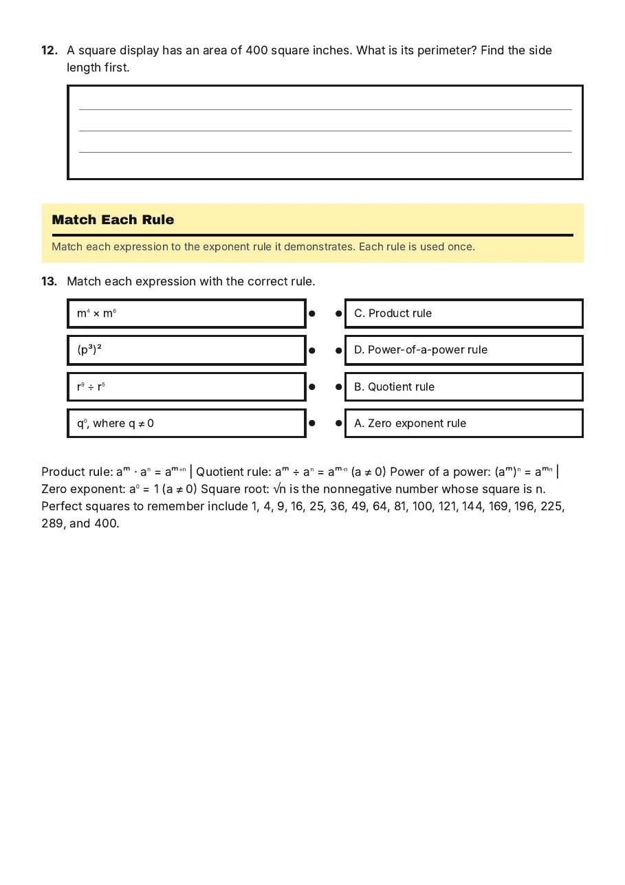 Exponents and Roots Practice, page 3 of 3: Match Each Rule