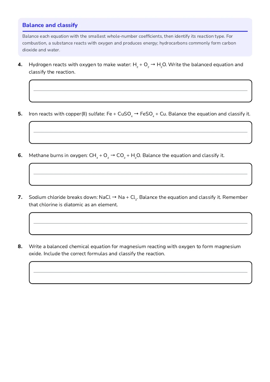 Chemistry Reaction Types Review, page 2 of 3: Balance and classify