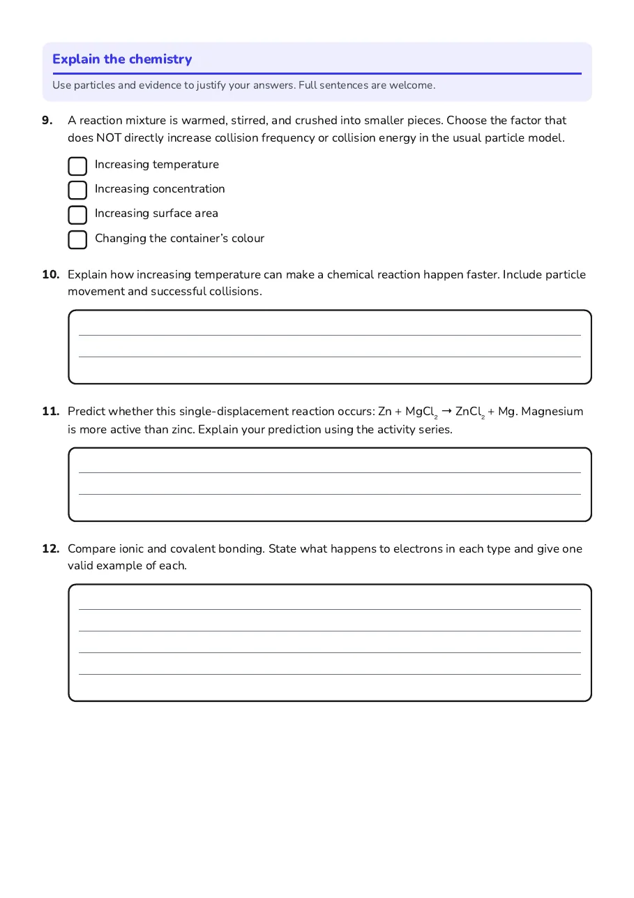 Chemistry Reaction Types Review, page 3 of 3: Explain the chemistry