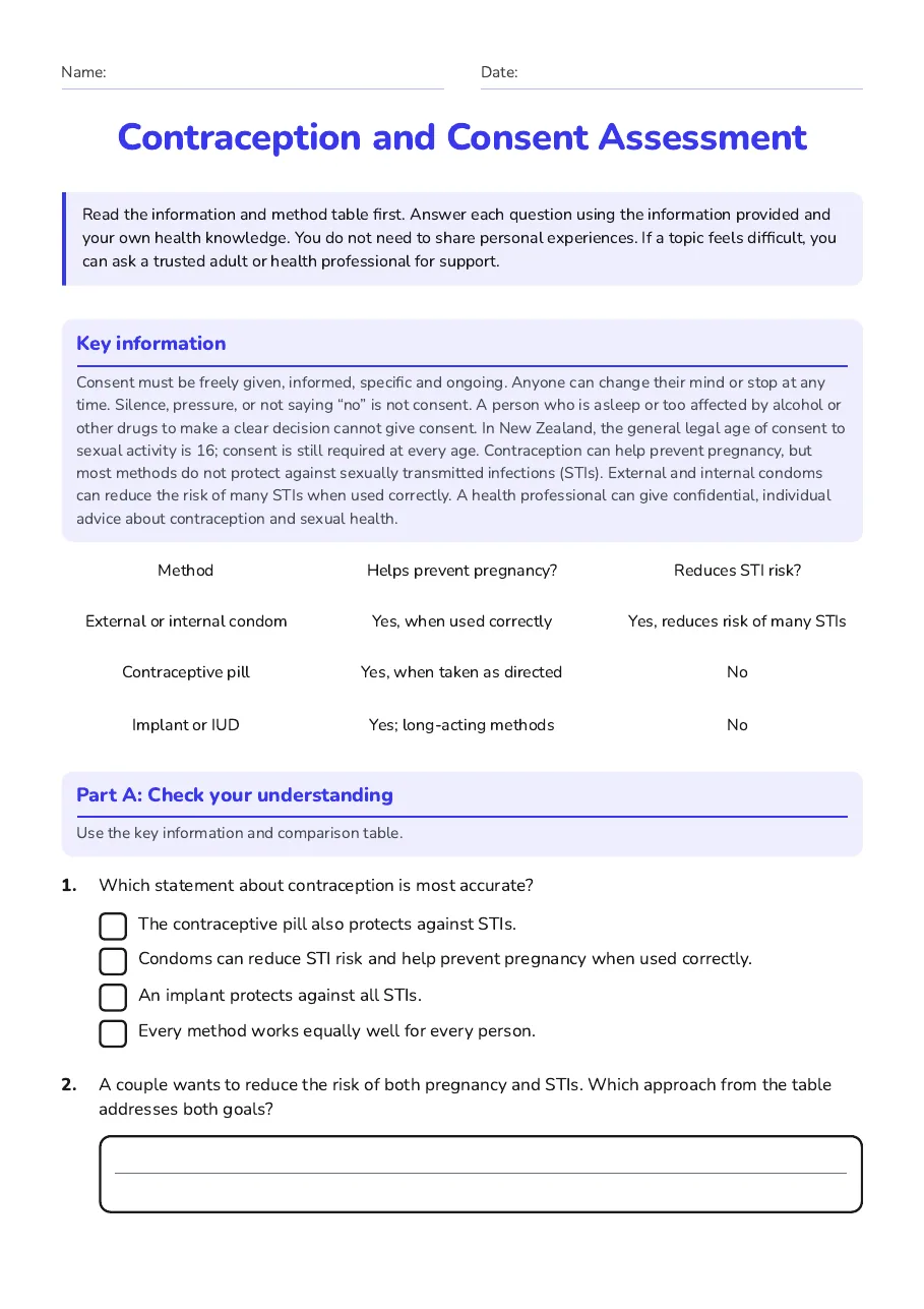 Contraception and Consent Assessment, page 1 of 3: Key information, Part A: Check your understanding