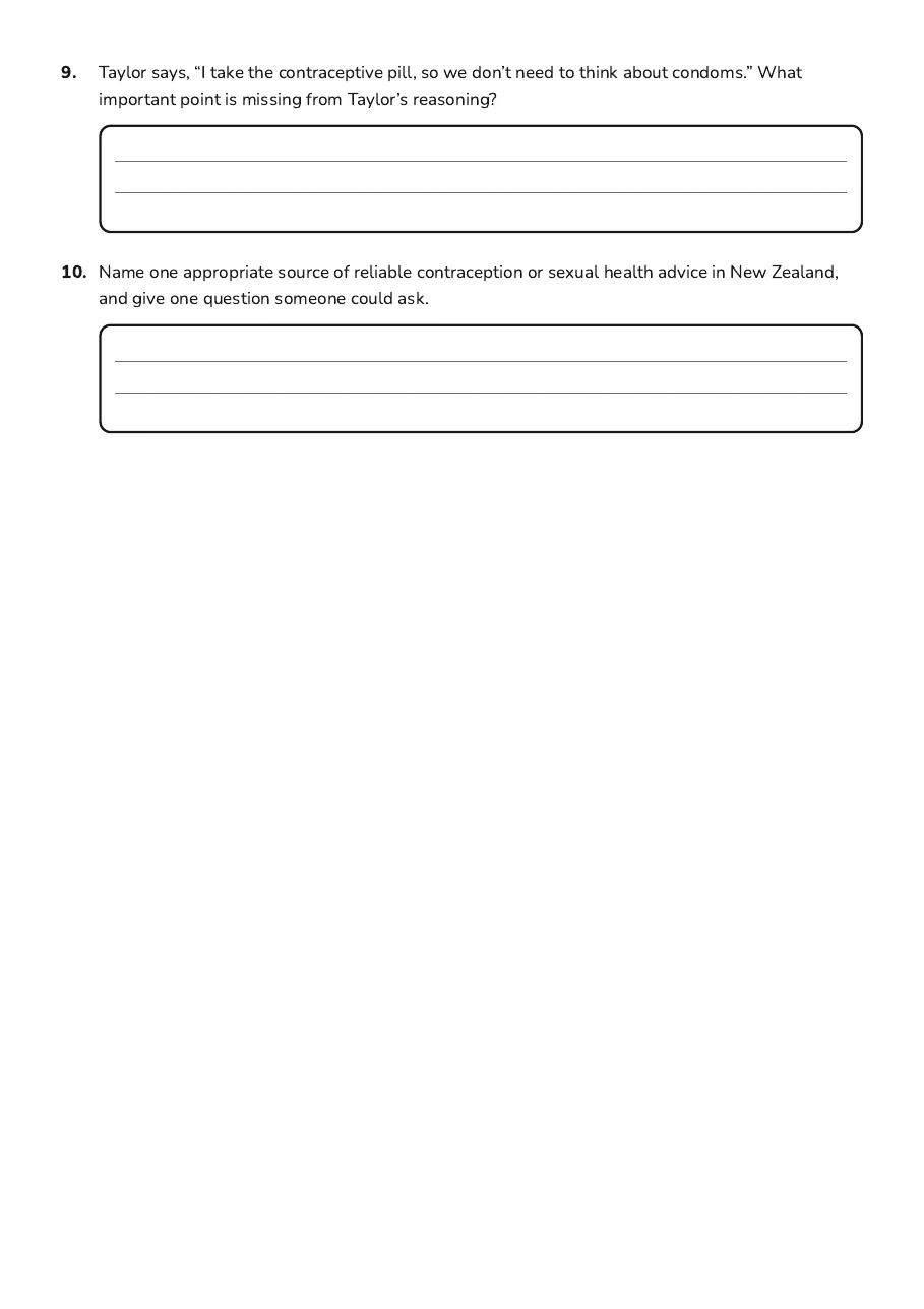 Contraception and Consent Assessment, page 3 of 3: 9. Taylor says, “I take the contraceptive pill, so we don’t need to think about condoms.”…