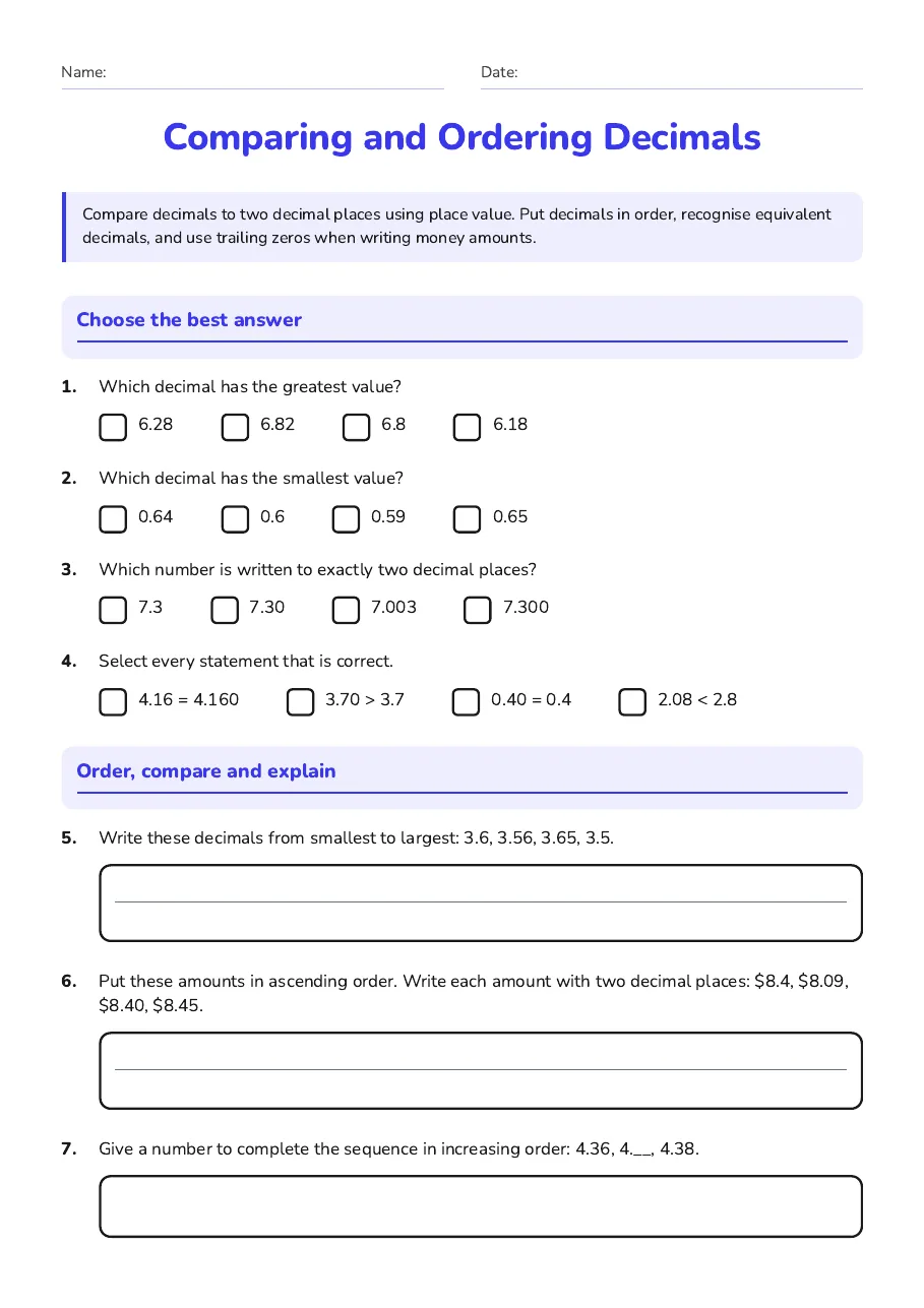 Comparing and Ordering Decimals, page 1 of 2: Choose the best answer, Order, compare and explain