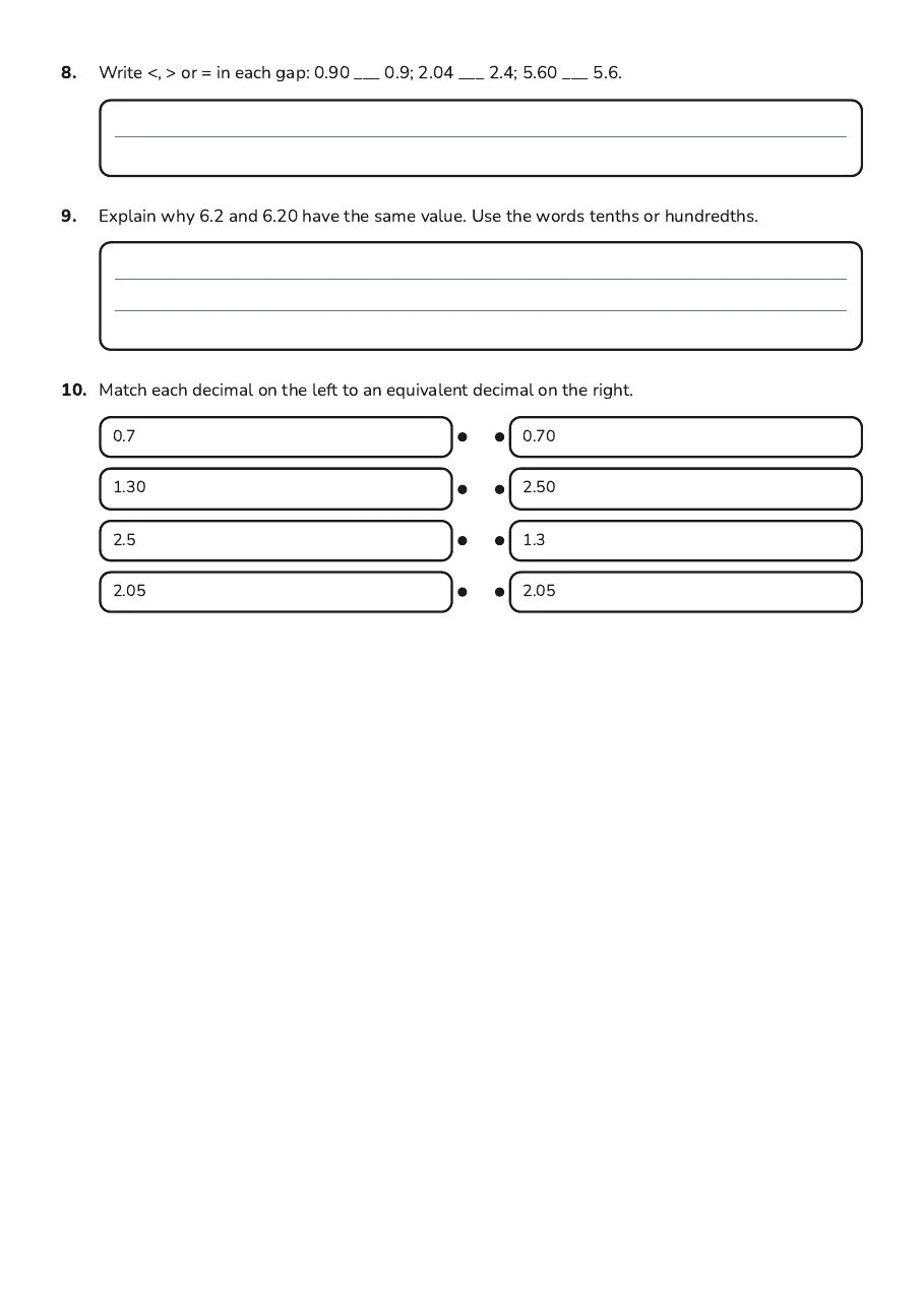 Comparing and Ordering Decimals, page 2 of 2: 8. Write <, > or = in each gap: 0.90 ___ 0.9; 2.04 ___ 2.4; 5.60 ___ 5.6.