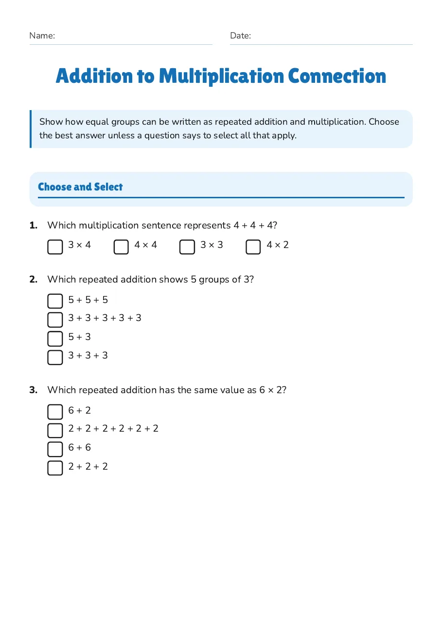 Addition to Multiplication Connection, page 1 of 3: Choose and Select