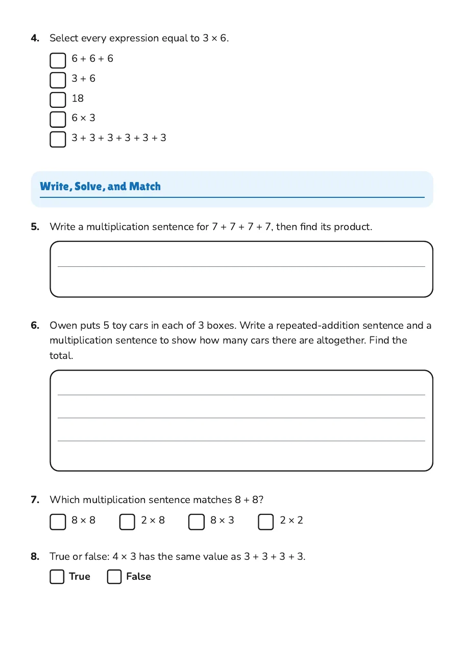 Addition to Multiplication Connection, page 2 of 3: Write, Solve, and Match