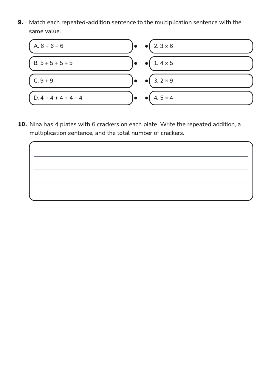 Addition to Multiplication Connection, page 3 of 3: 9. Match each repeated-addition sentence to the multiplication sentence with the
