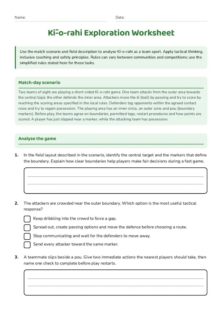 Kī-o-rahi exploration worksheet with a self-contained information box, field illustration and vocabulary questions.