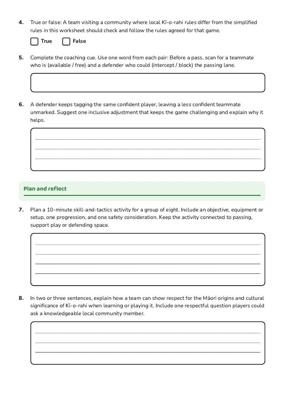 Kī-o-rahi tactical, cultural, safety and session-design tasks for Year 12 physical education.