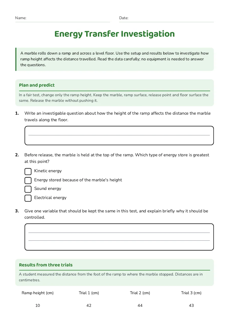 Energy Transfer Investigation, page 1 of 2: Plan and predict, Results from three trials