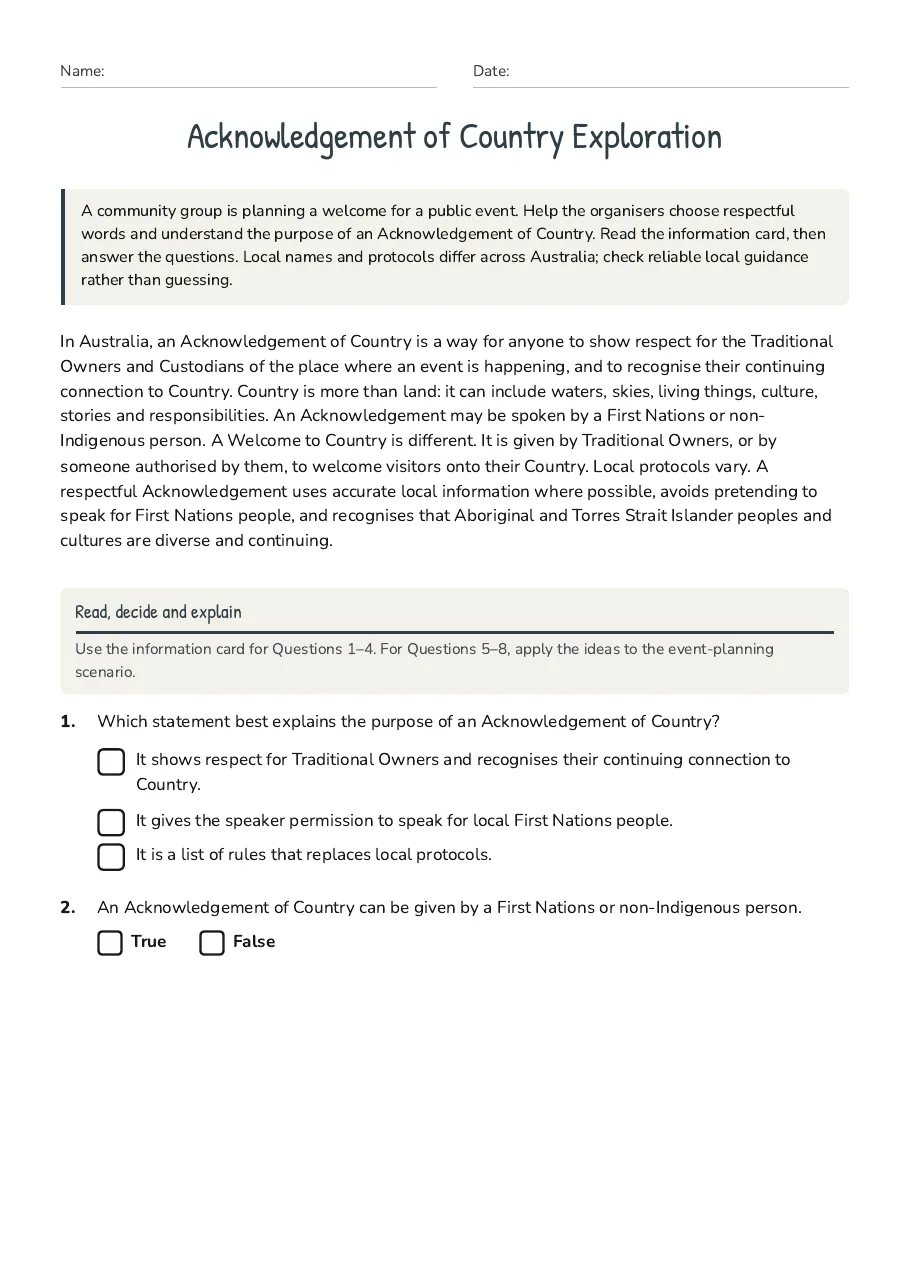 Acknowledgement of Country Exploration, page 1 of 3: Read, decide and explain