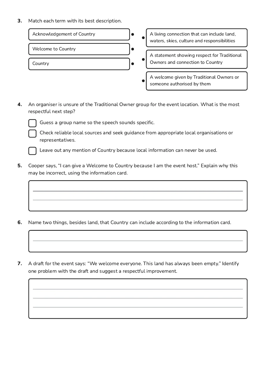 Acknowledgement of Country Exploration, page 2 of 3: 3. Match each term with its best description.