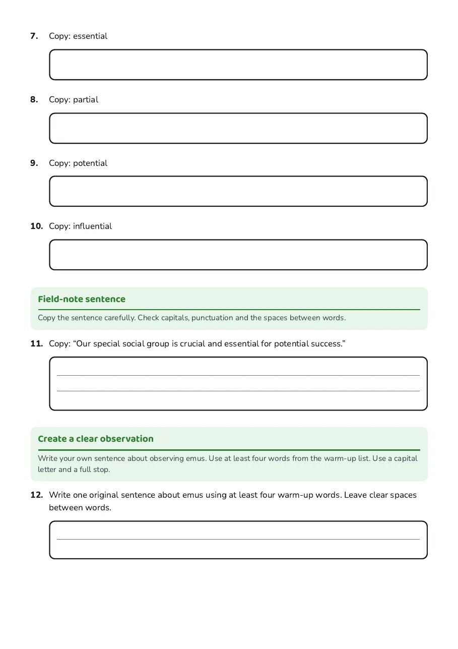 Emus Handwriting Practice Week 2, page 2 of 3: Field-note sentence, Create a clear observation