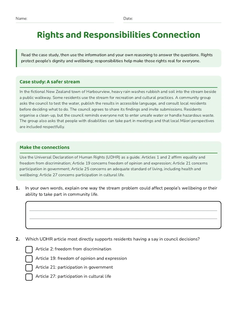 Rights and Responsibilities Connection, page 1 of 3: Case study: A safer stream, Make the connections
