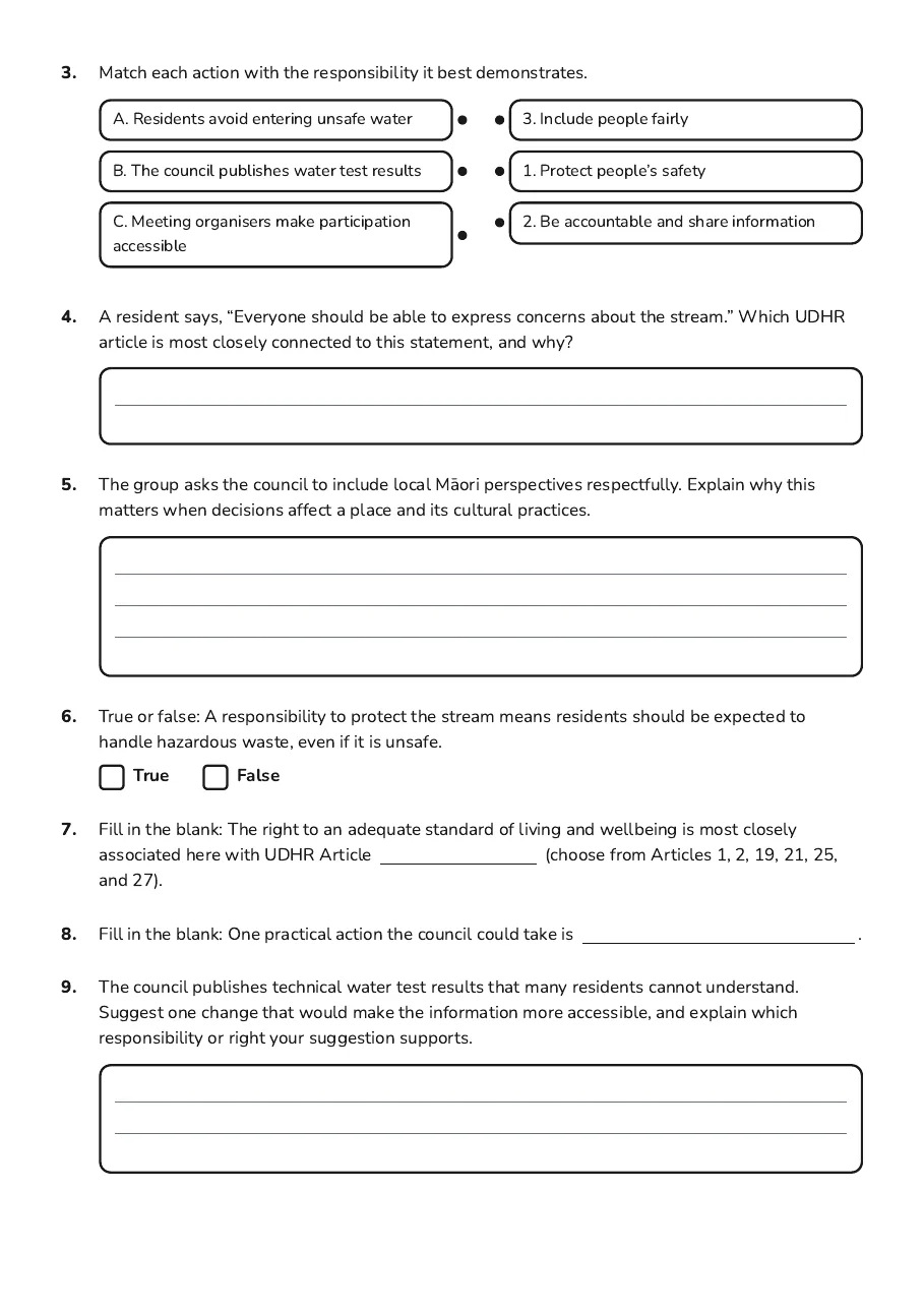 Rights and Responsibilities Connection, page 2 of 3: 3. Match each action with the responsibility it best demonstrates.