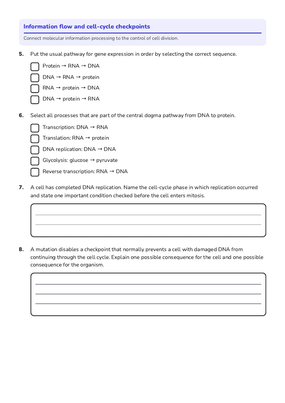 Cellular Control Systems Test, page 2 of 3: Information flow and cell-cycle checkpoints