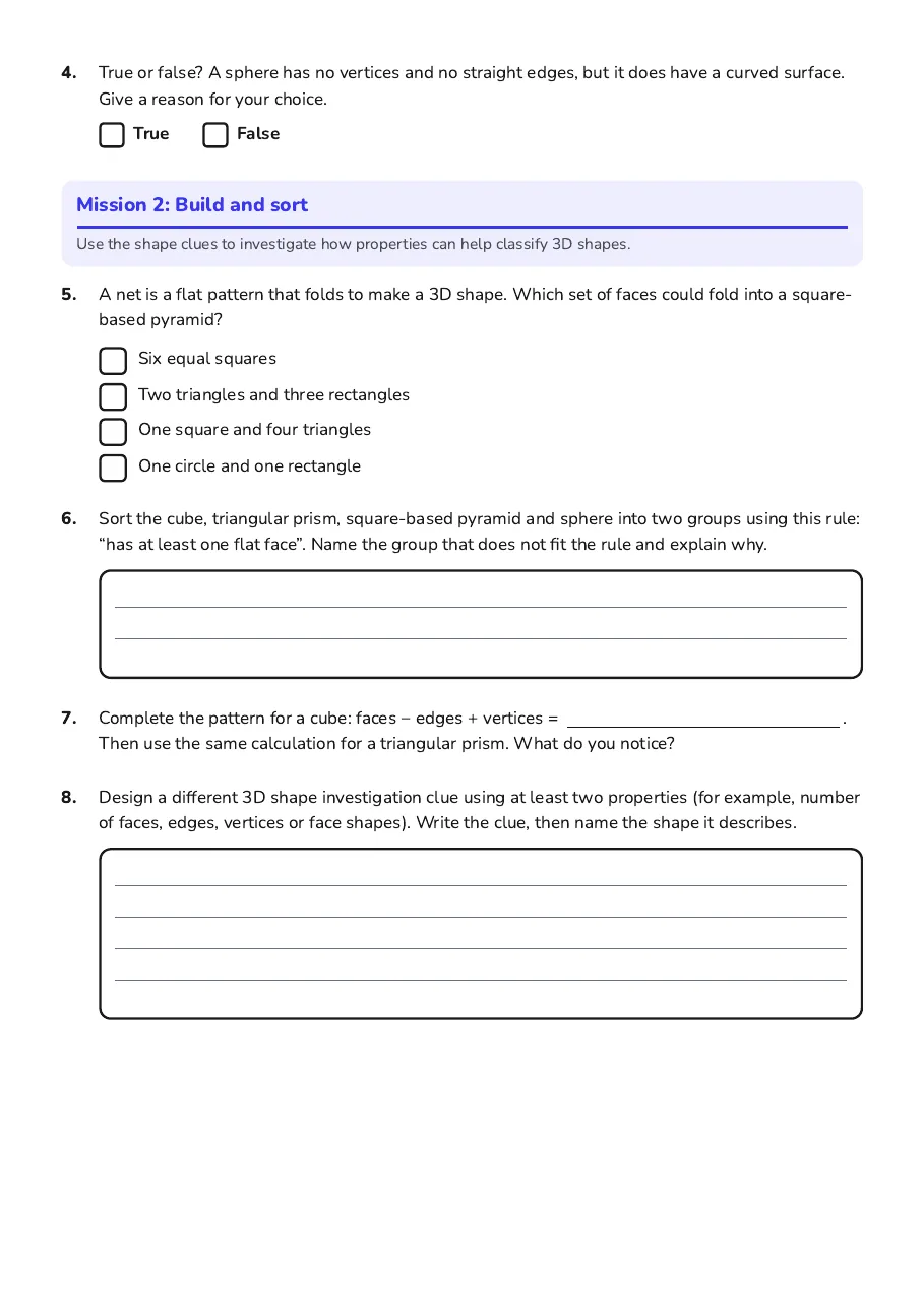 3D Shape Investigation Mission, page 2 of 2: Mission 2: Build and sort