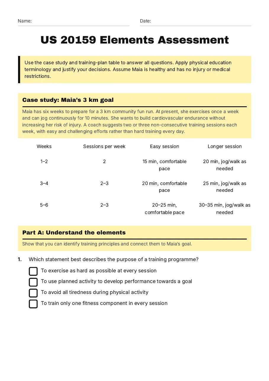 US 20159 Elements Assessment, page 1 of 4: Case study: Maia’s 3 km goal, Part A: Understand the elements