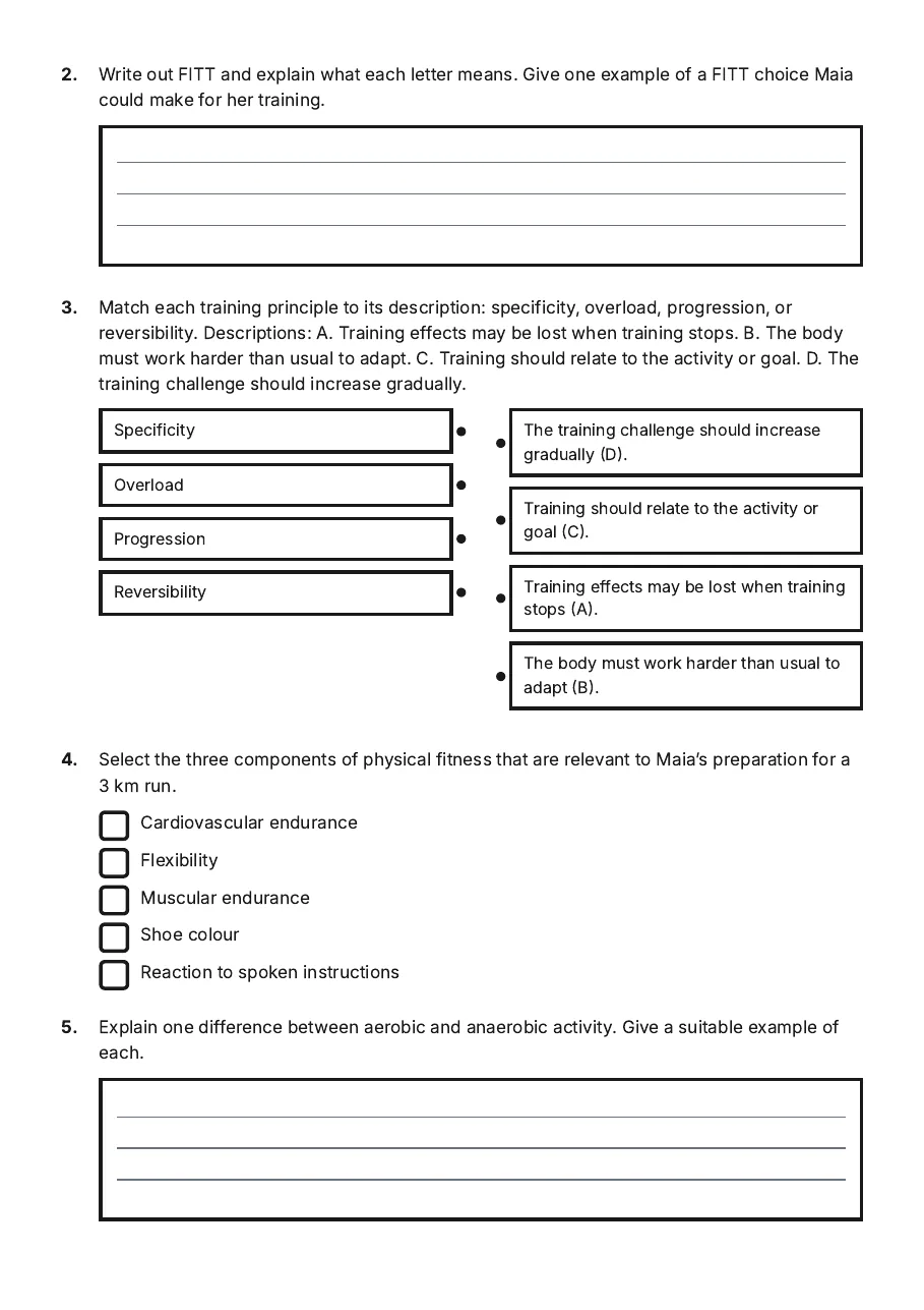 US 20159 Elements Assessment, page 2 of 4: 2. Write out FITT and explain what each letter means. Give one example of a FITT choice…