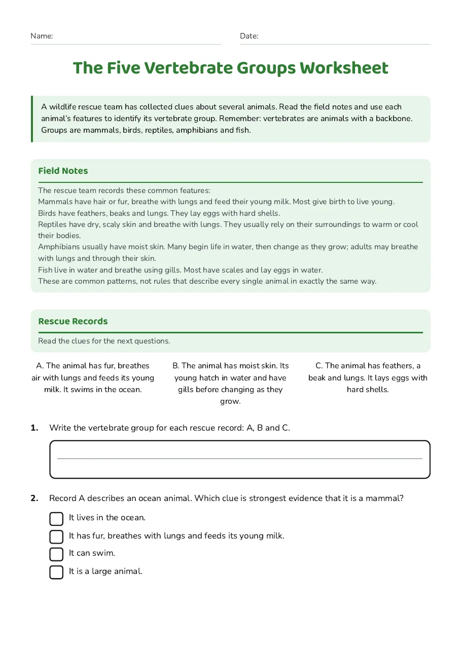 The Five Vertebrate Groups Worksheet, page 1 of 3: Field Notes, Rescue Records