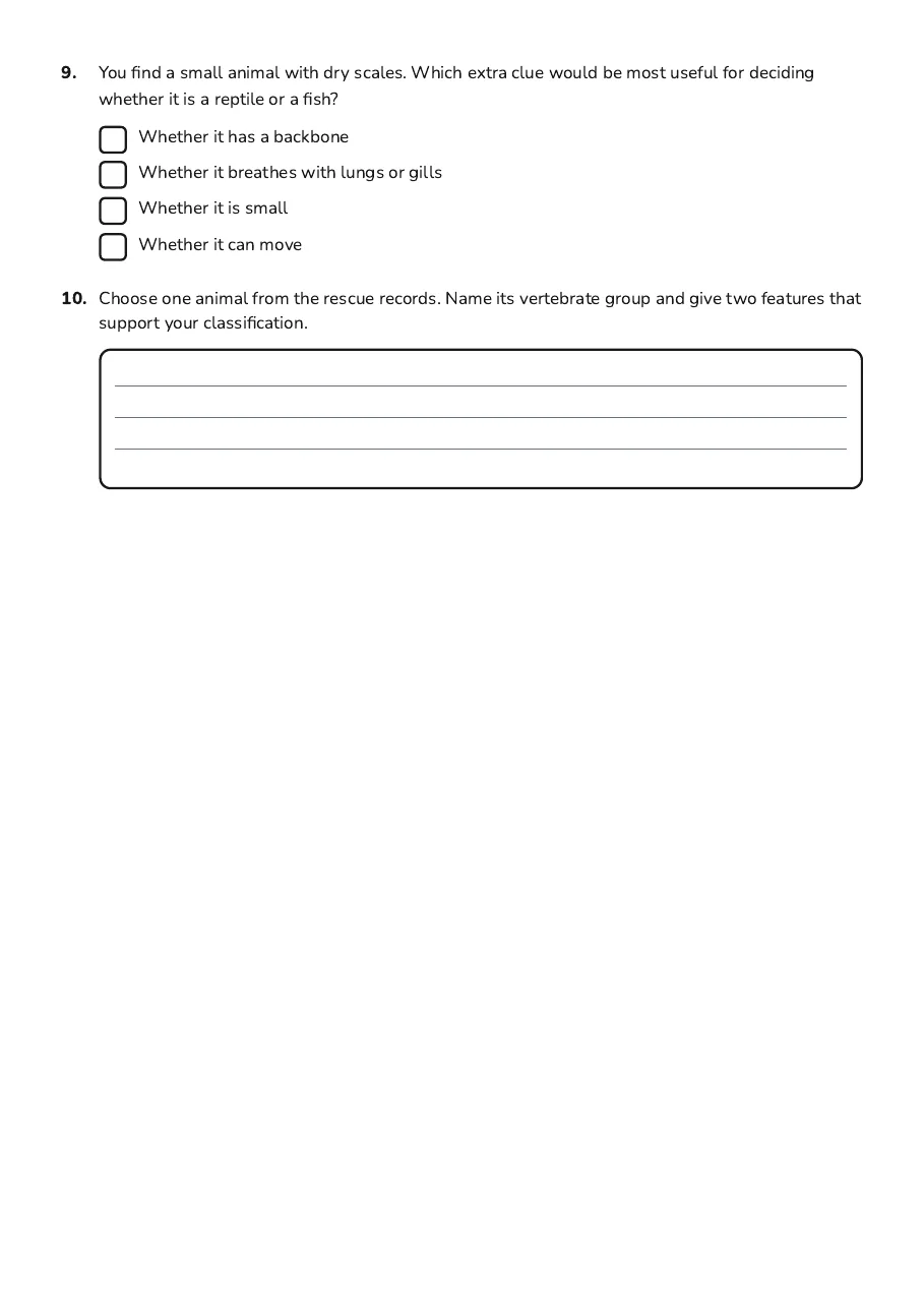 The Five Vertebrate Groups Worksheet, page 3 of 3: 9. You find a small animal with dry scales. Which extra clue would be most useful for…