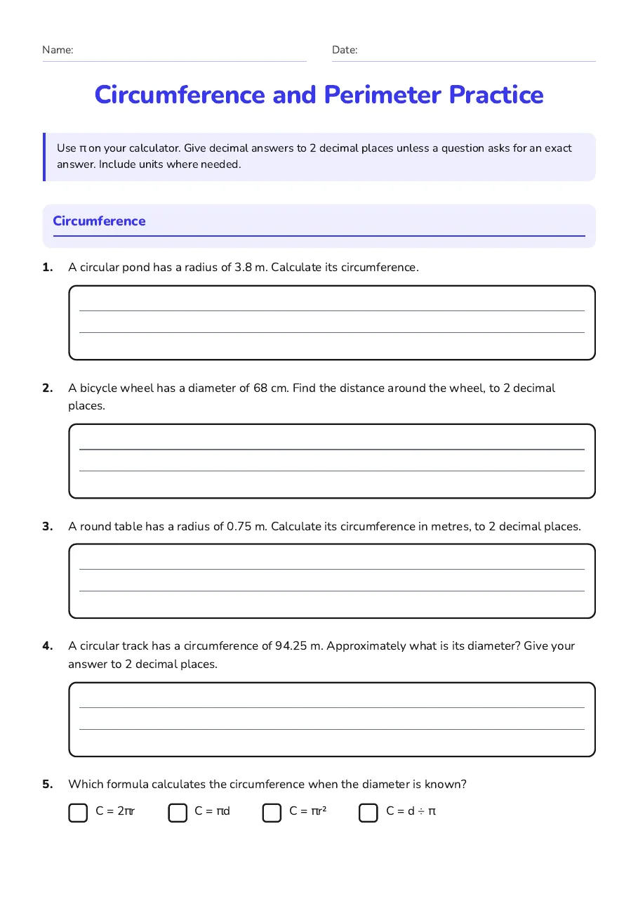 Circumference and Perimeter Practice, page 1 of 3: Circumference
