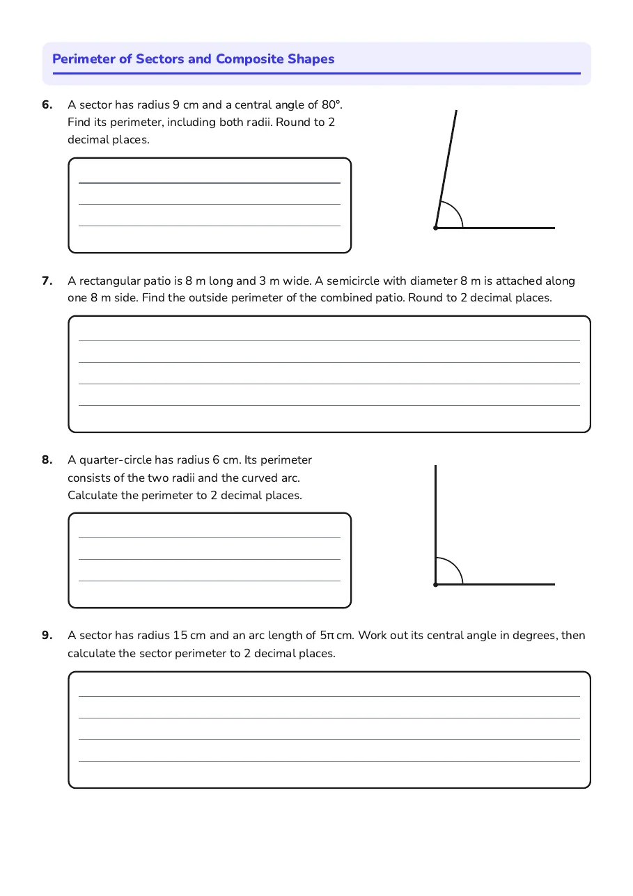 Circumference and Perimeter Practice, page 2 of 3: Perimeter of Sectors and Composite Shapes
