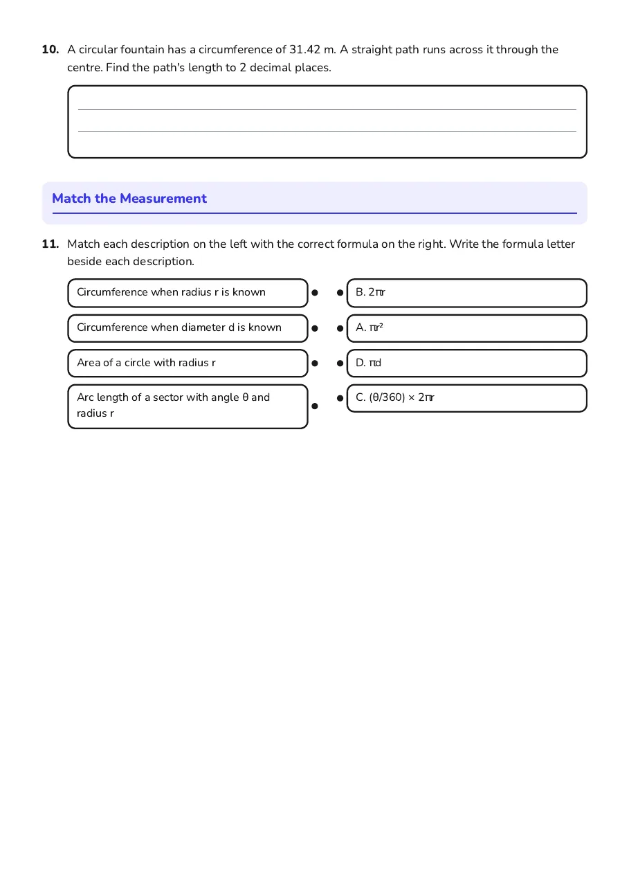 Circumference and Perimeter Practice, page 3 of 3: Circumference, Match the Measurement