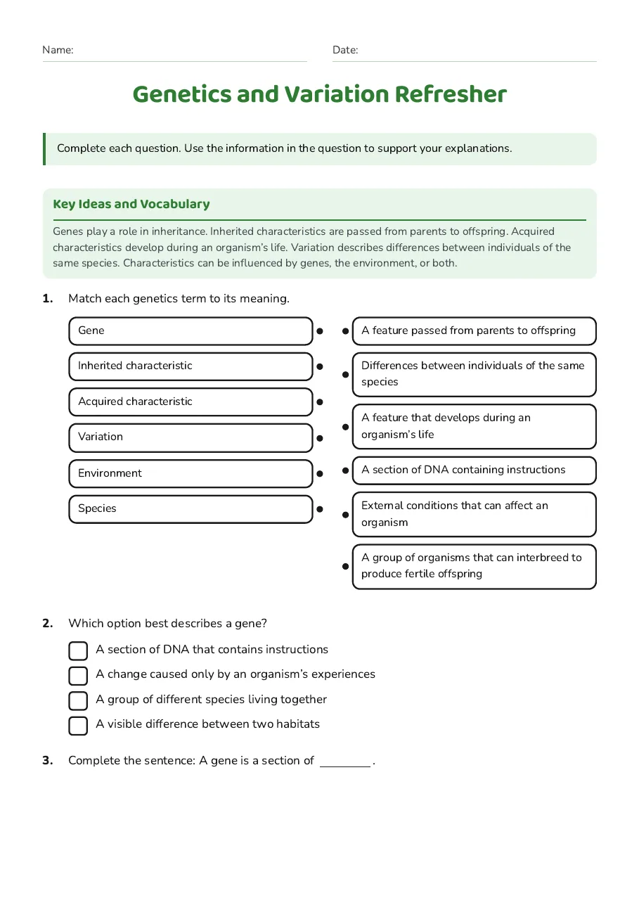 Genetics and Variation Refresher, page 1 of 3: Key Ideas and Vocabulary