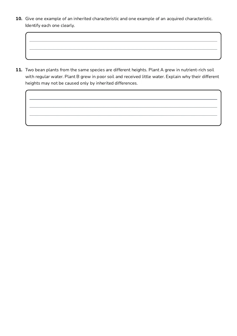 Genetics and Variation Refresher, page 3 of 3: 10. Give one example of an inherited characteristic and one example of an acquired…