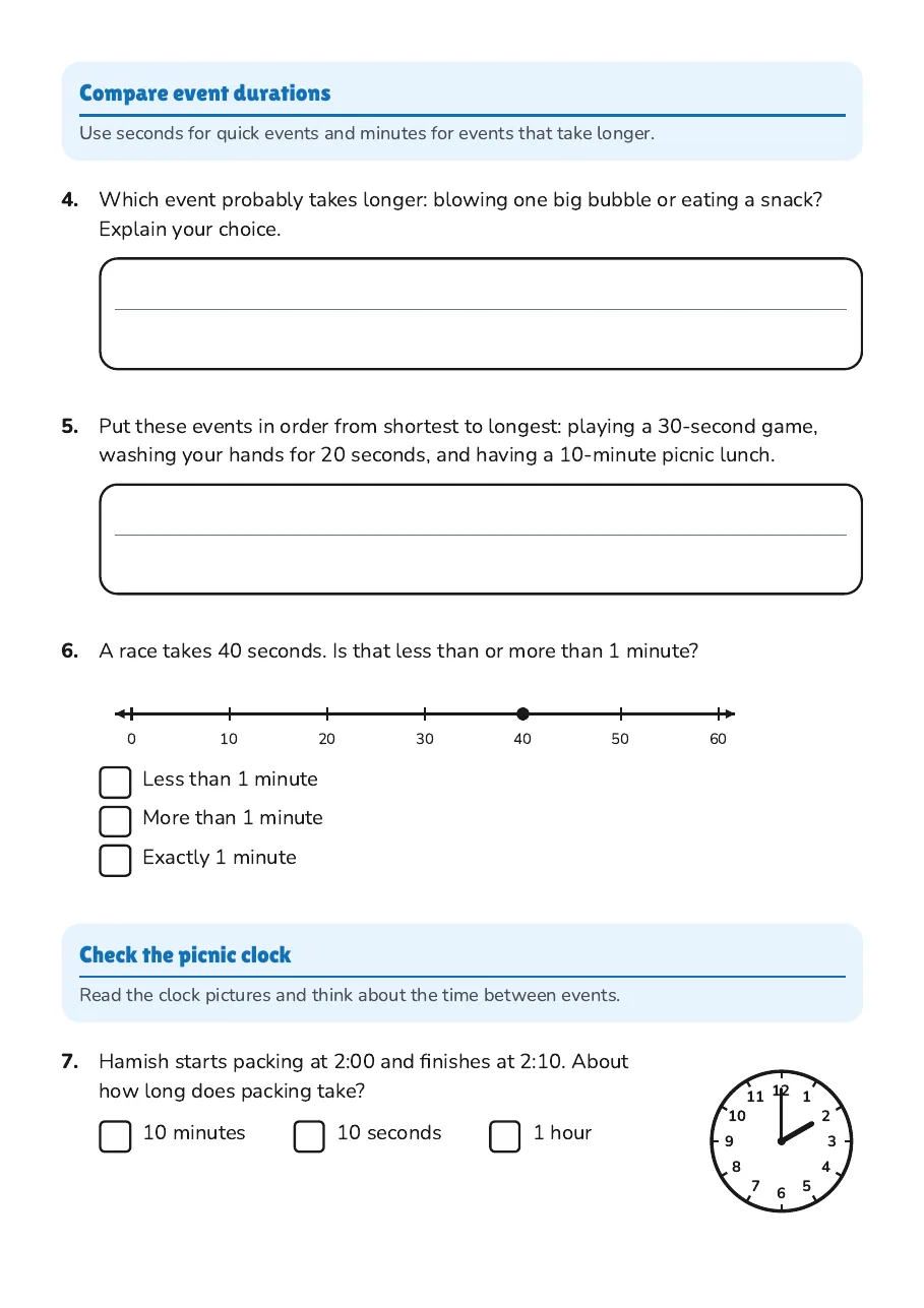 Estimating Event Durations, page 2 of 4: Compare event durations, Check the picnic clock