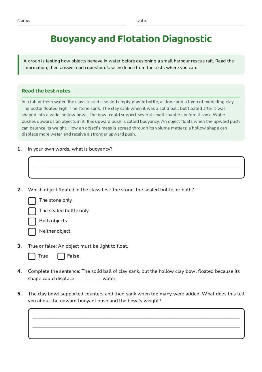 Buoyancy and Flotation Diagnostic, page 1 of 2: Read the test notes