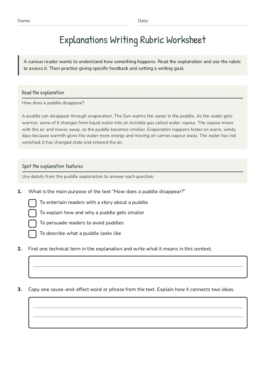 Explanations Writing Rubric Worksheet, page 1 of 3: Read the explanation, Spot the explanation features