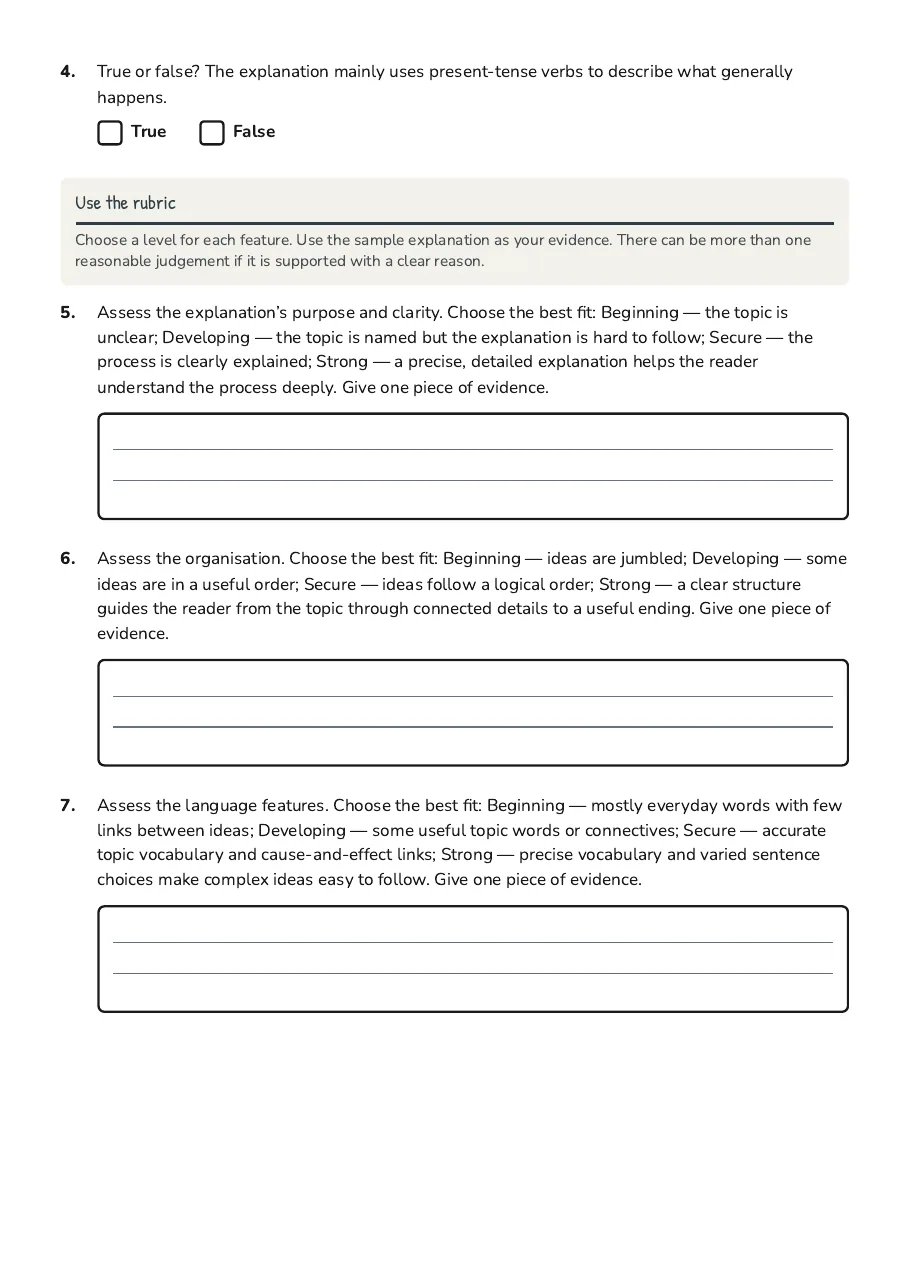 Explanations Writing Rubric Worksheet, page 2 of 3: Use the rubric