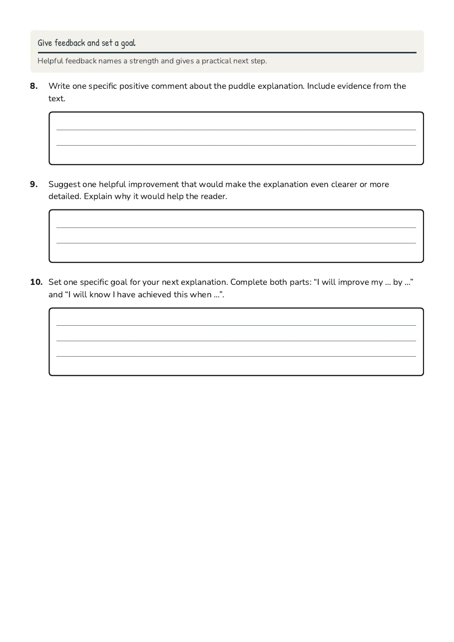 Explanations Writing Rubric Worksheet, page 3 of 3: Give feedback and set a goal