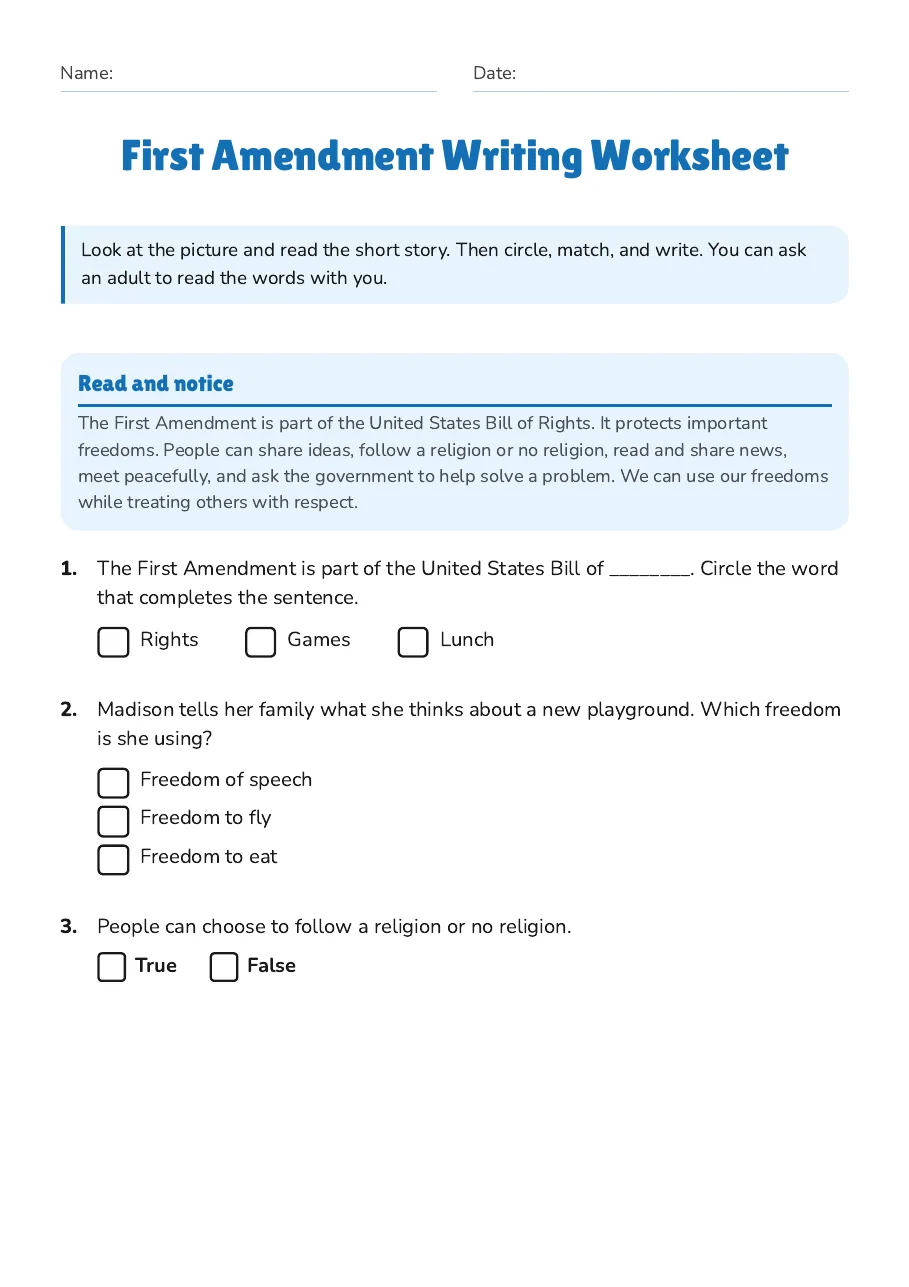 First Amendment Writing Worksheet, page 1 of 2: Read and notice