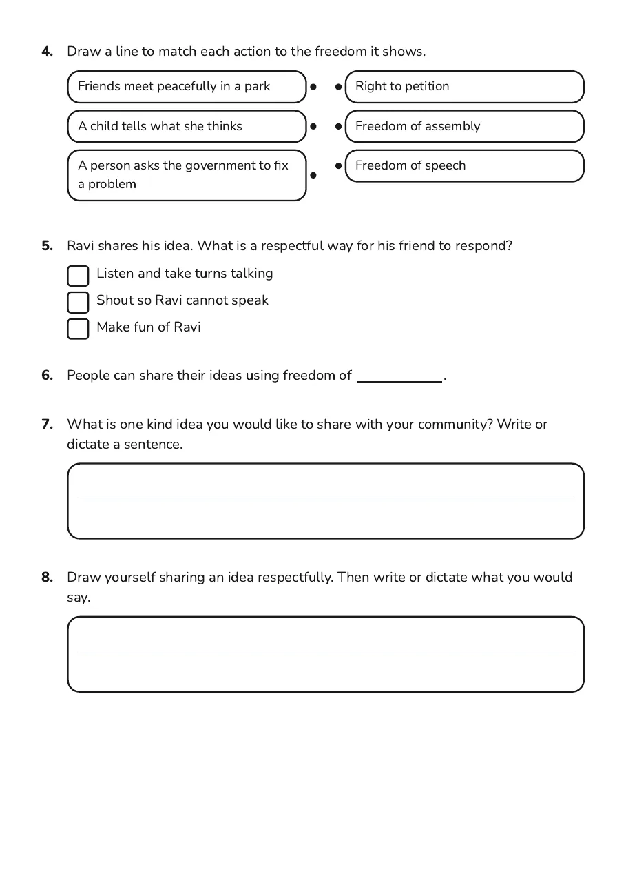 First Amendment Writing Worksheet, page 2 of 2: 4. Draw a line to match each action to the freedom it shows.