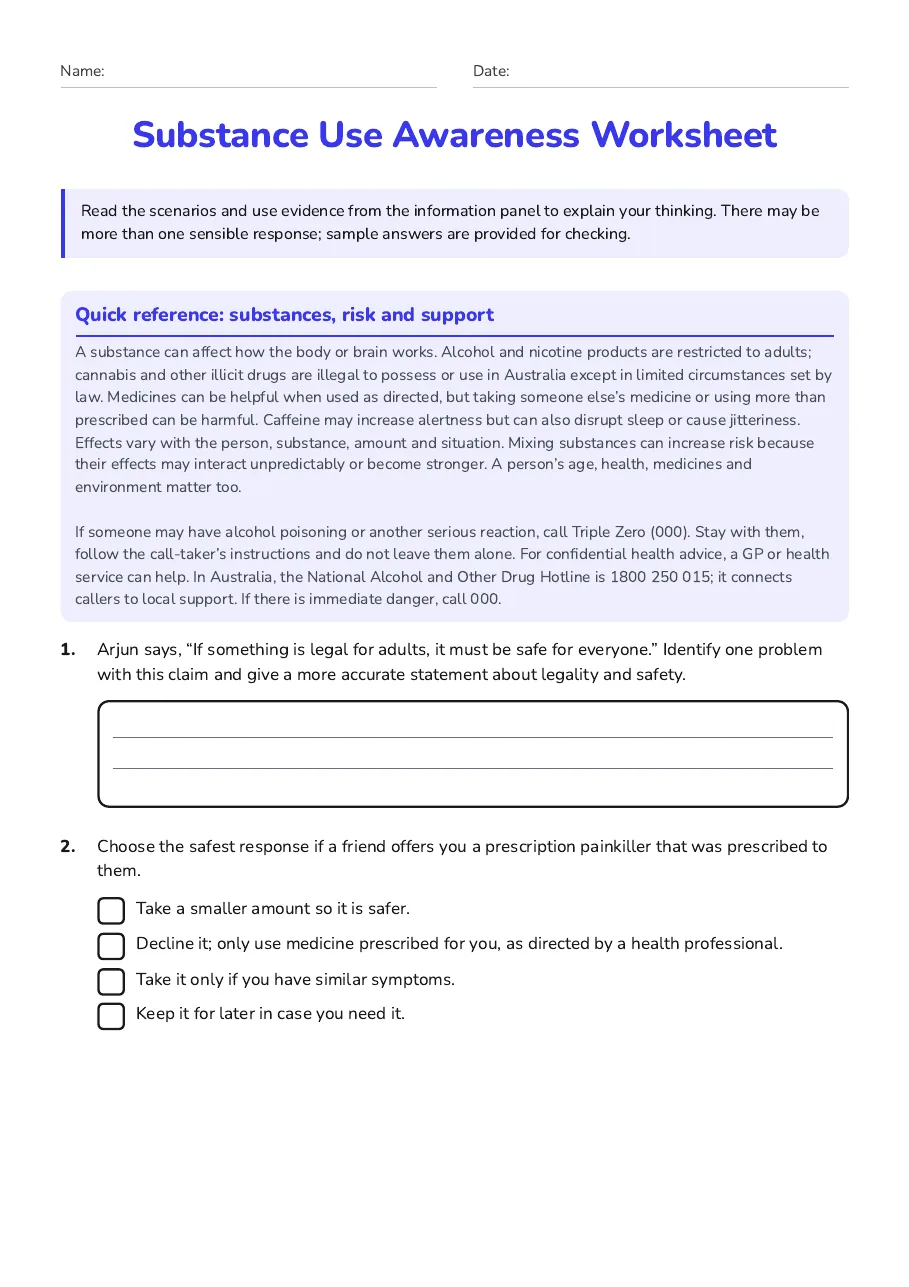Substance Use Awareness Worksheet, page 1 of 3: Quick reference: substances, risk and support