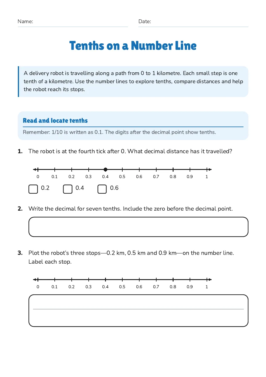 Tenths on a Number Line, page 1 of 3: Read and locate tenths