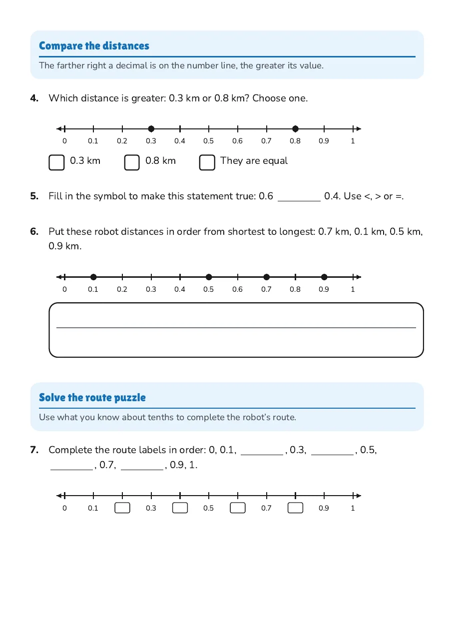 Tenths on a Number Line, page 2 of 3: Compare the distances, Solve the route puzzle