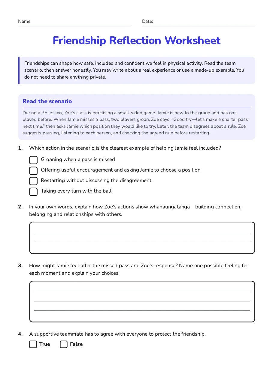 Friendship Reflection Worksheet, page 1 of 3: Read the scenario