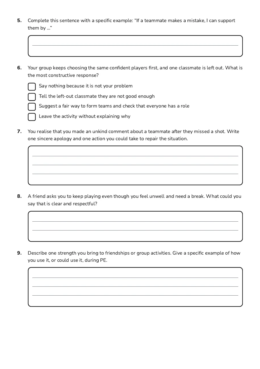 Friendship Reflection Worksheet, page 2 of 3: 5. Complete this sentence with a specific example: “If a teammate makes a mistake, I can…