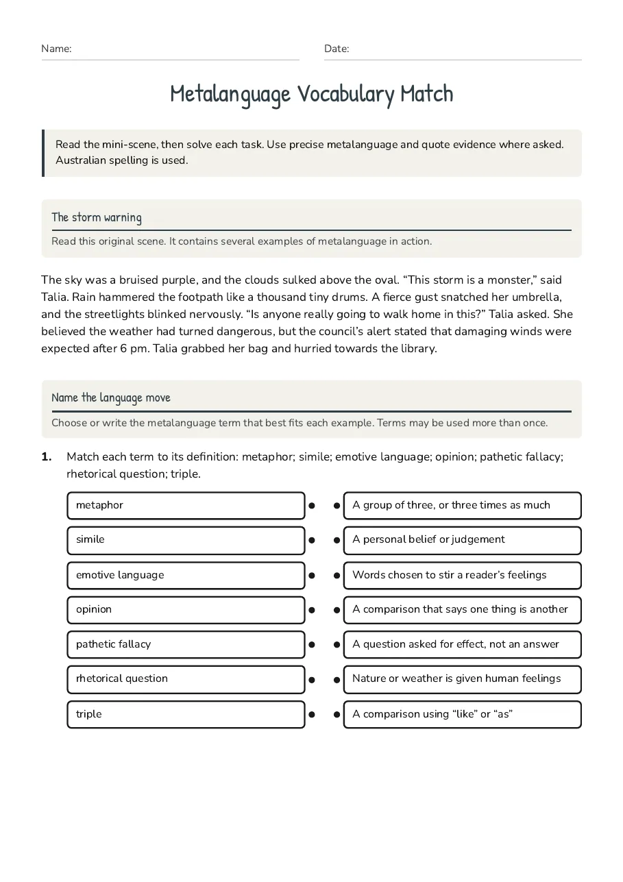 Metalanguage Vocabulary Match, page 1 of 3: The storm warning, Name the language move