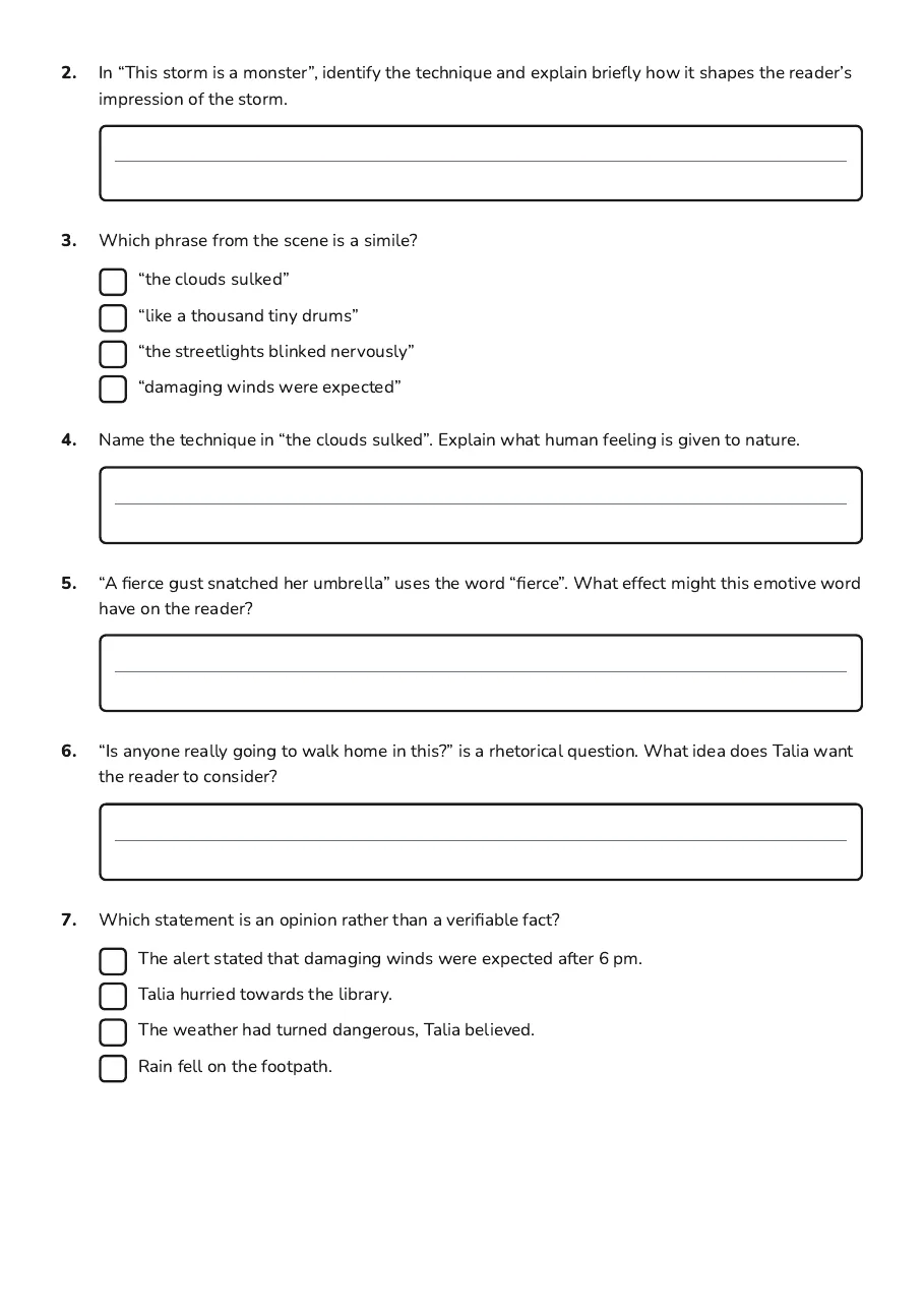 Metalanguage Vocabulary Match, page 2 of 3: 2. In “This storm is a monster”, identify the technique and explain briefly how it shapes…