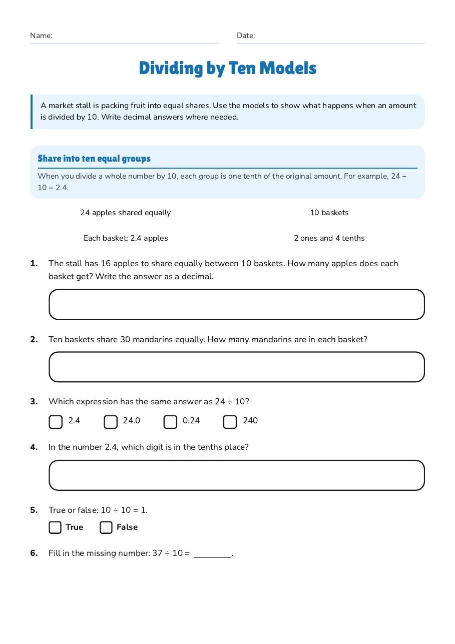 Dividing by Ten Models, page 1 of 2: Share into ten equal groups