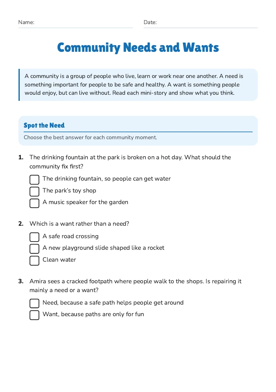 Community Needs and Wants, page 1 of 3: Spot the Need